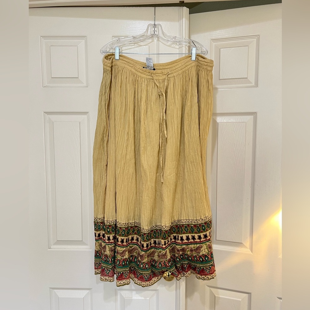 Vintage Mustard Maxi Skirt with Multicolor Embroidered Hem